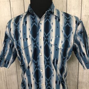 WRANGLER L Blue Aztec Western Pearl Snap Shirt
